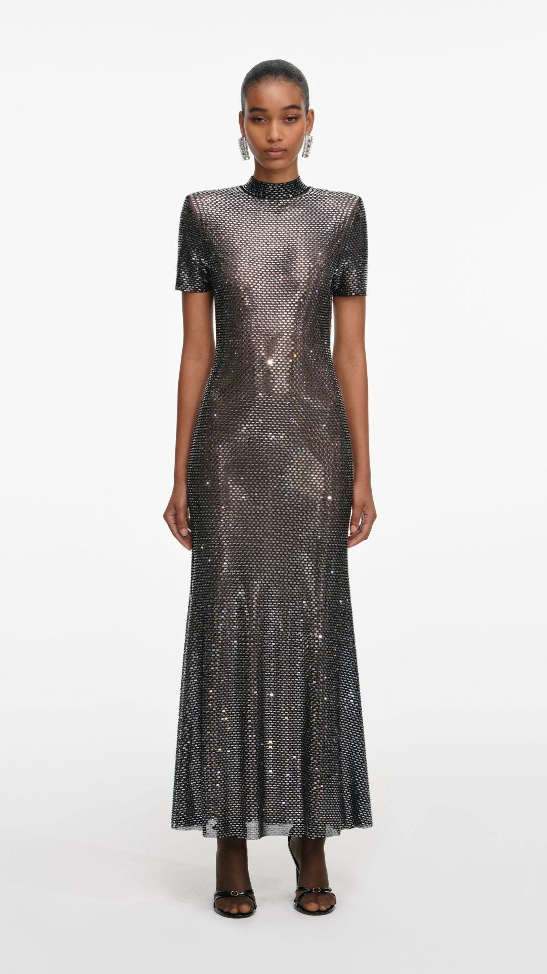 Self-Portrait - Gunmetal Rhinestone Mesh Midi Dress - US 4 Self-Portrait - Gunmetal Rhinestone Mesh Midi Dress - US 4