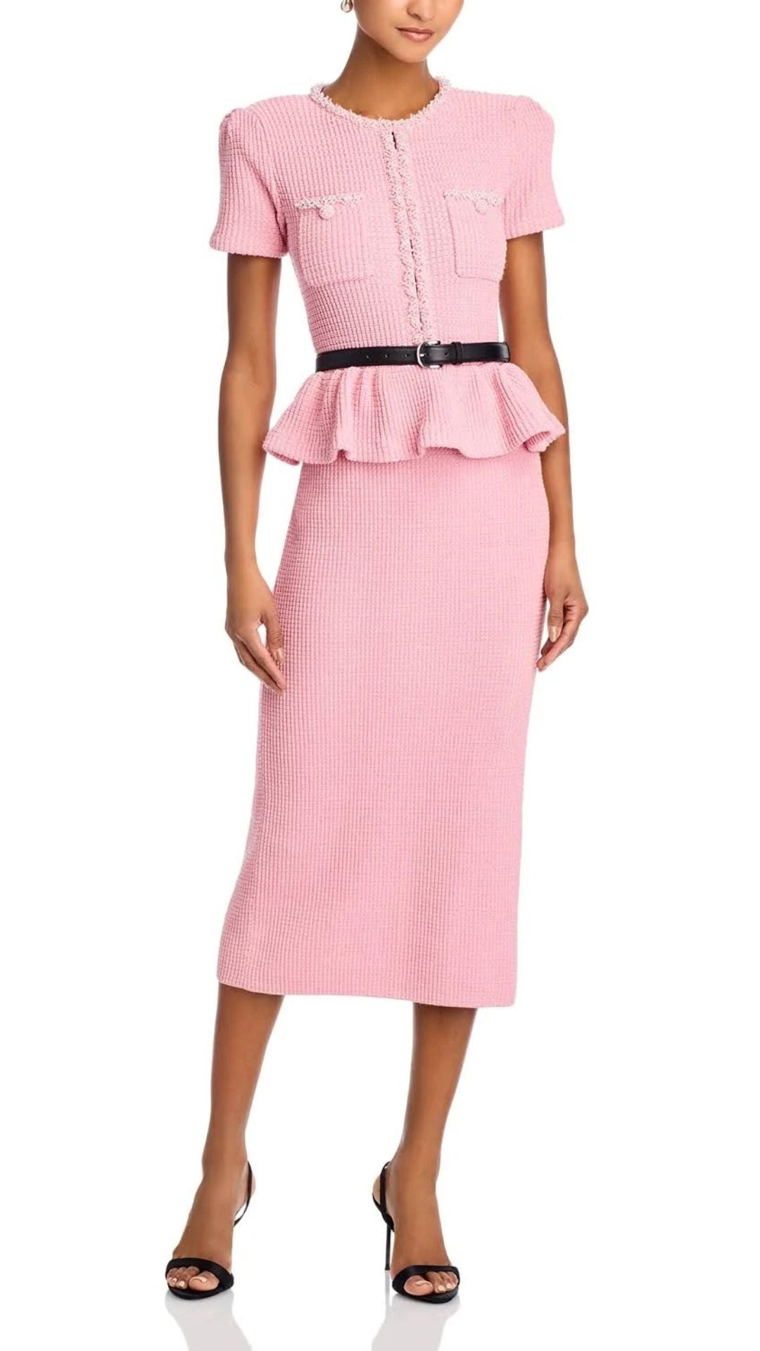 Pink Peplum Knit Midi Dress - Self-Portrait