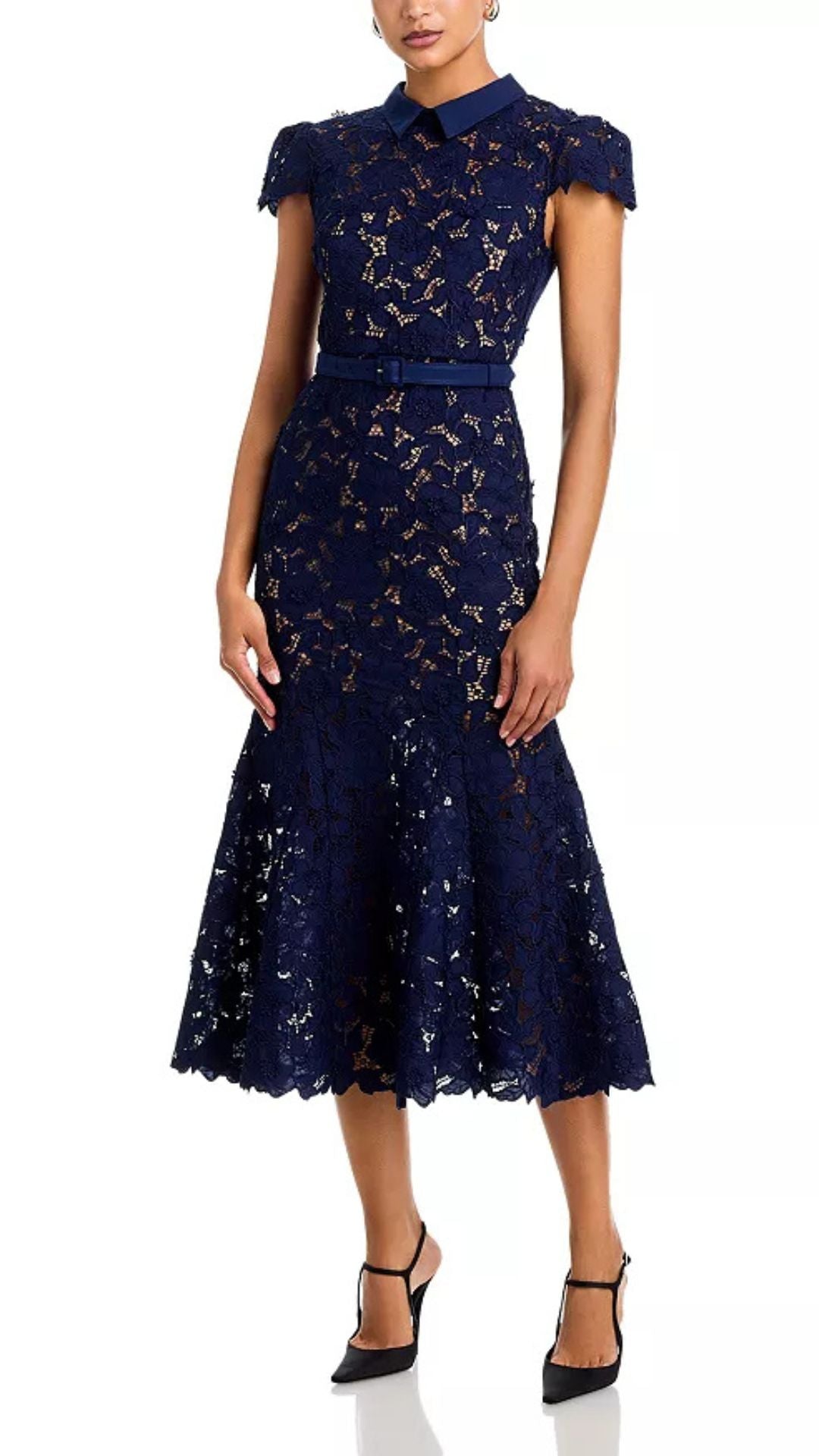 Navy Guipure Lace Midi Dress - Self-Portrait