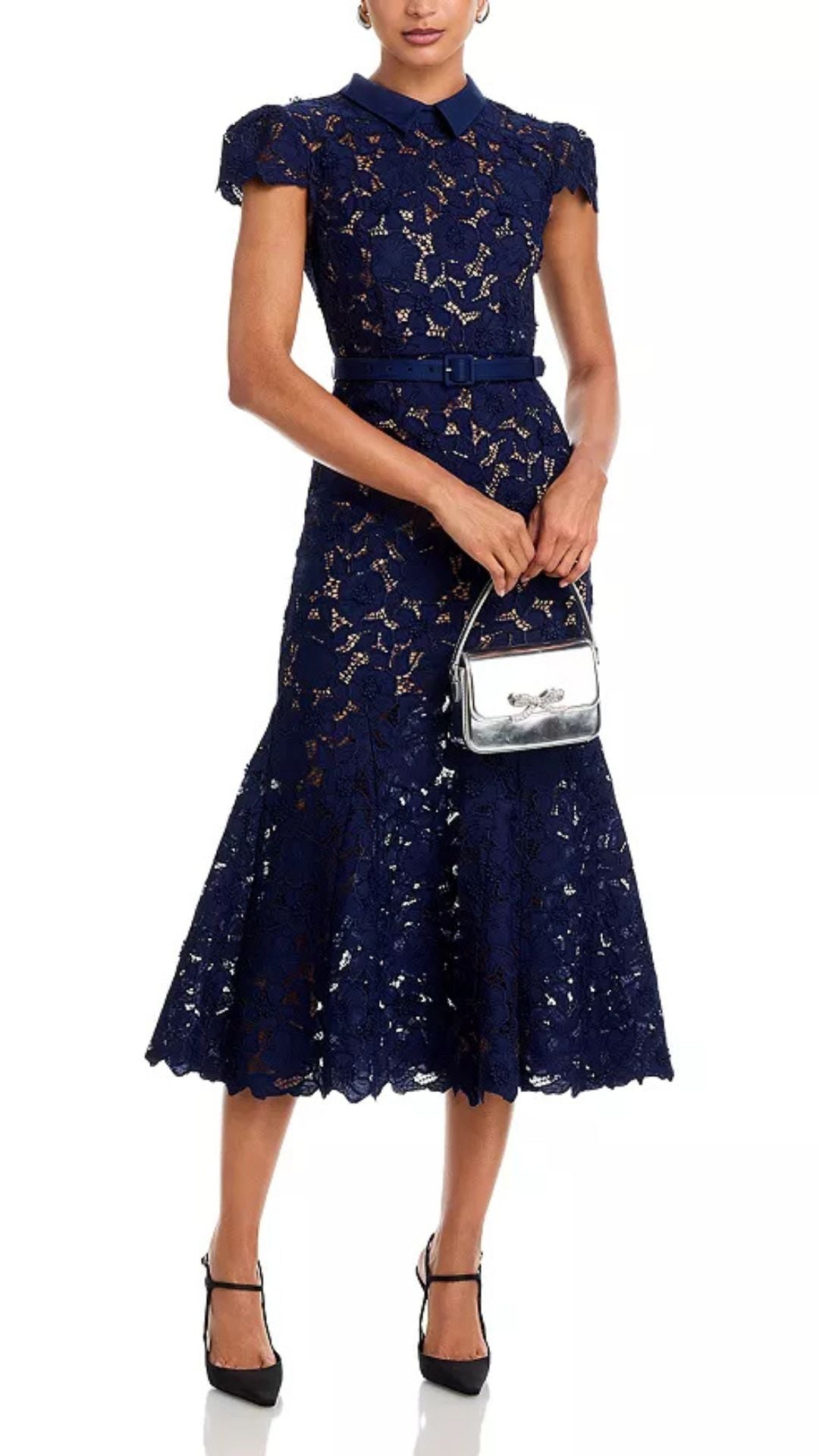 Navy Guipure Lace Midi Dress - Self-Portrait