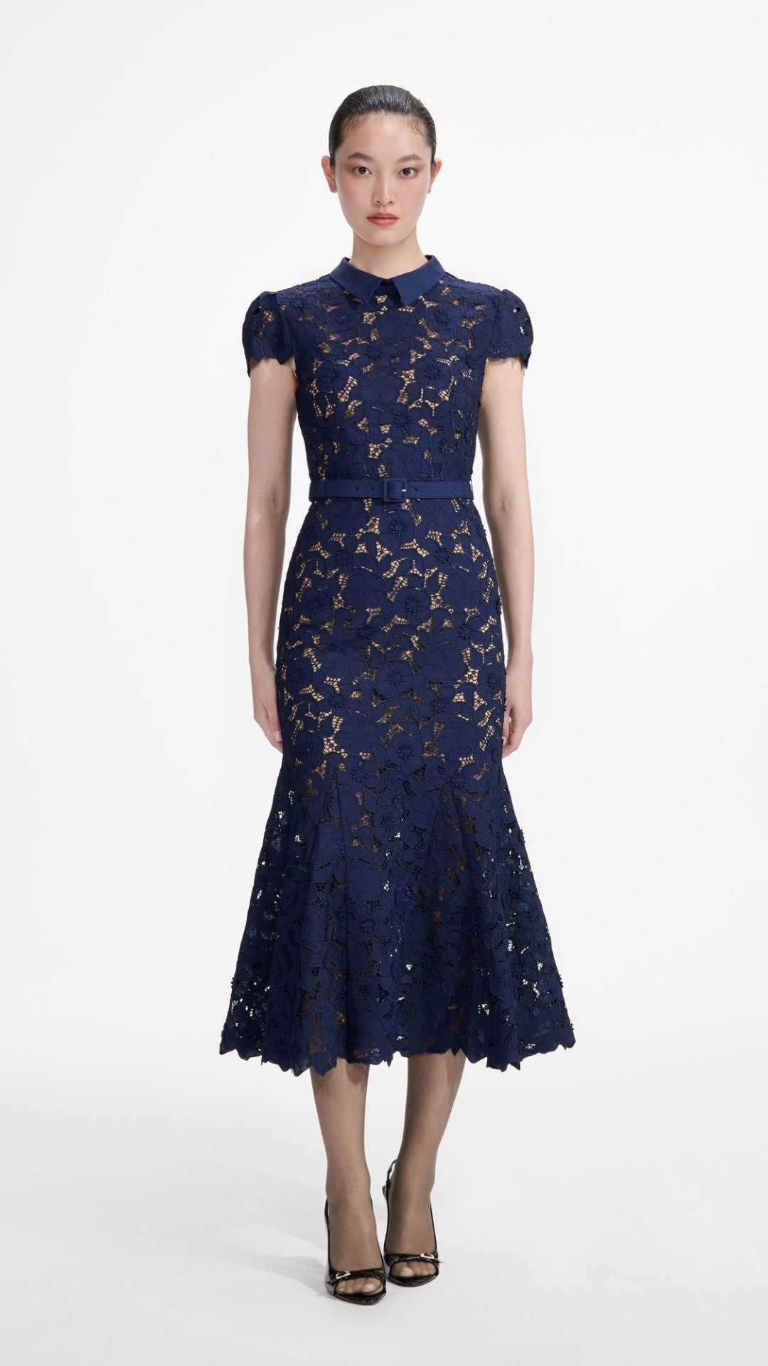 Navy Guipure Lace Midi Dress