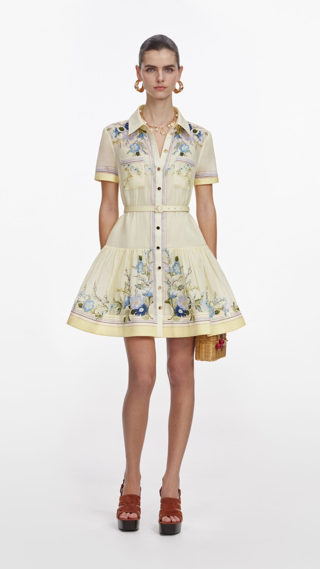Yellow Floral Organza Mini Dress