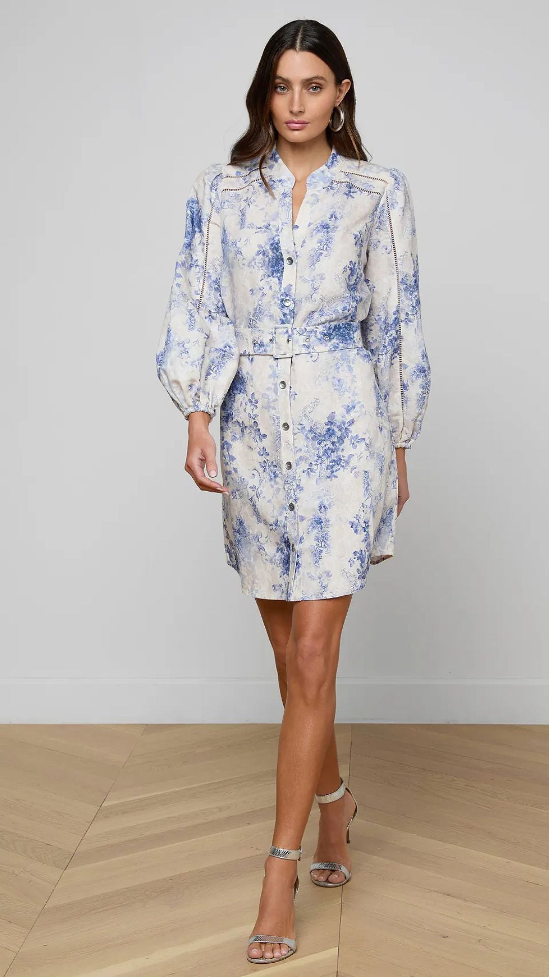 L'AGENCE Kiersten Dress In Ivory/Blue Watercolor Lace Paisley L'AGENCE Kiersten Dress In Ivory/Blue Watercolor Lace Paisley
