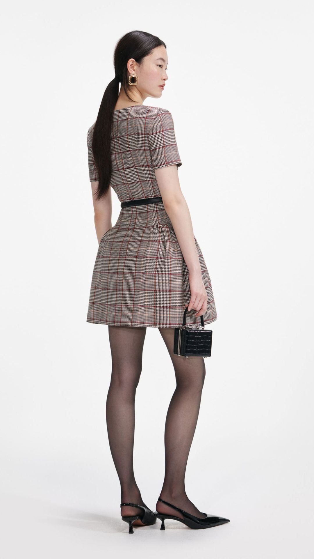 BROWN CHECK SHORT SLEEVE MINI DRESS - Self-Portrait