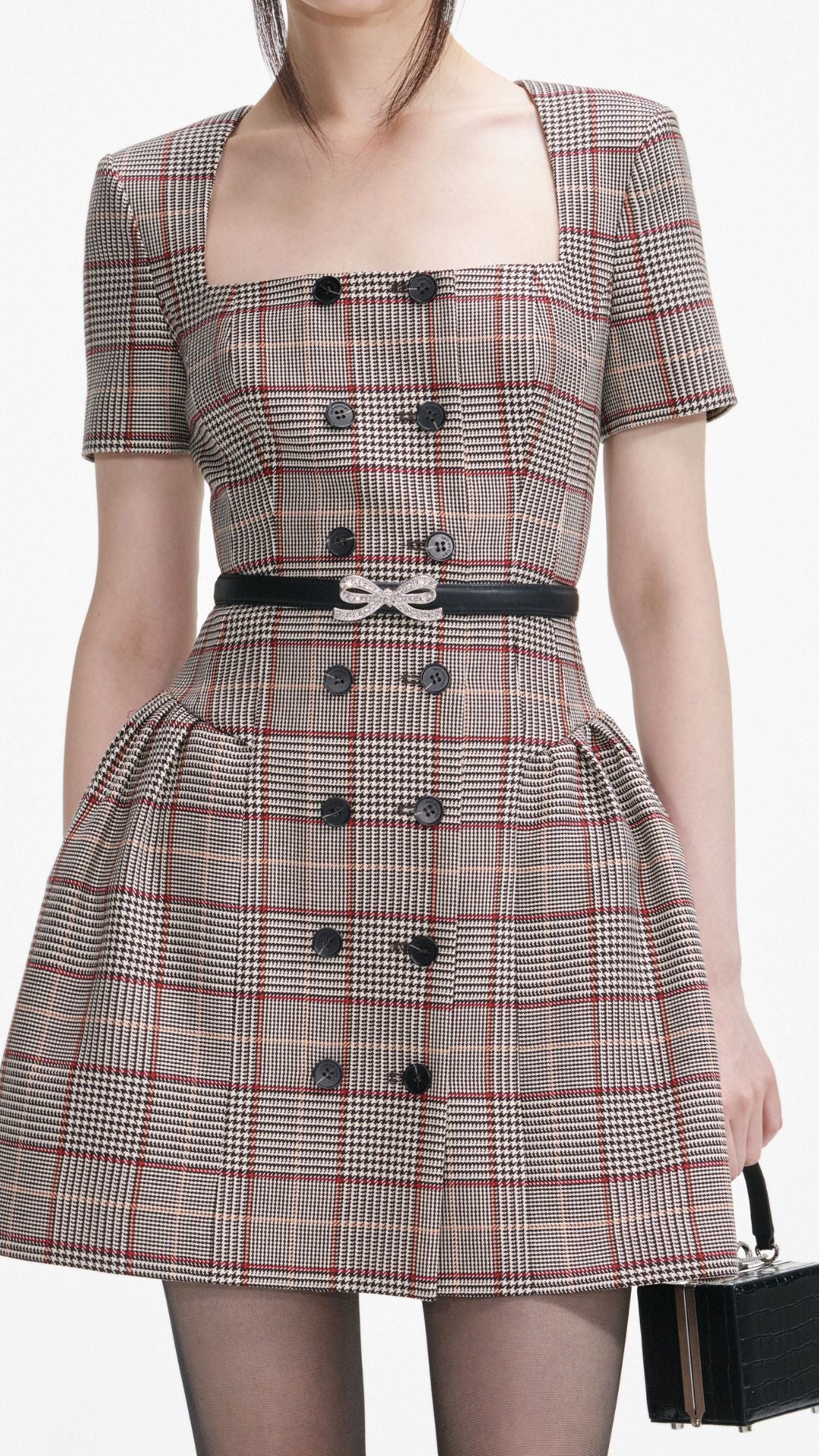 BROWN CHECK SHORT SLEEVE MINI DRESS - Self-Portrait