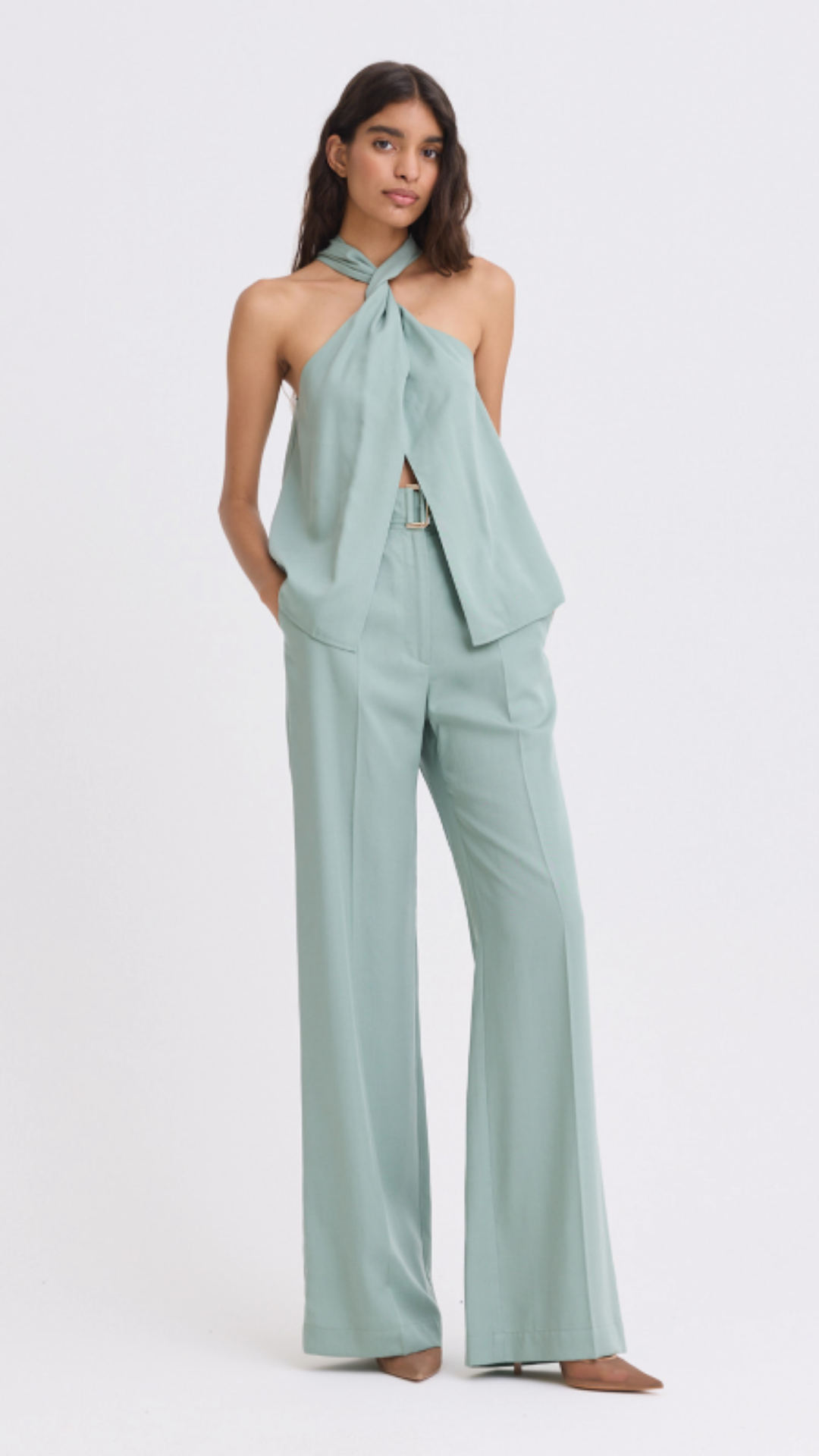 Belted Dusty Teal Wide Leg Trouser