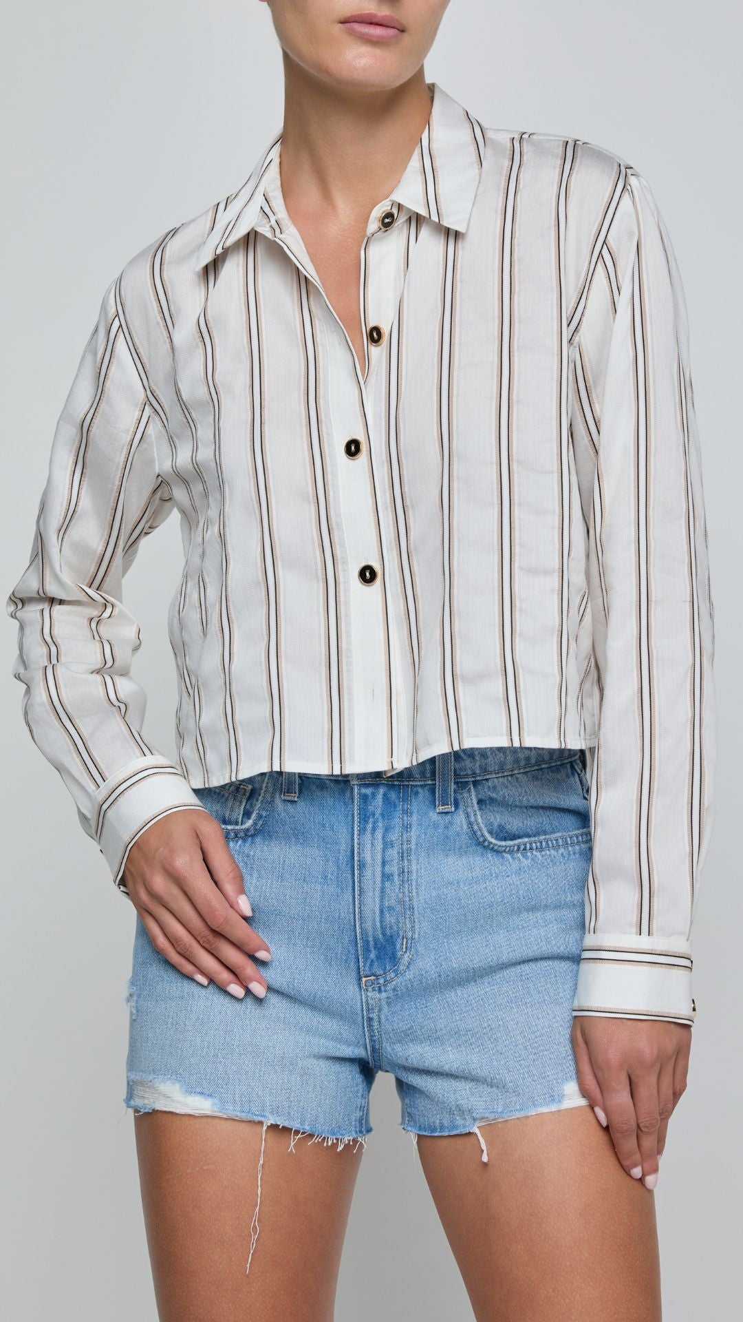 Cosette Crop Hi Low Shirt-Ivory-Khaki-L'Agence