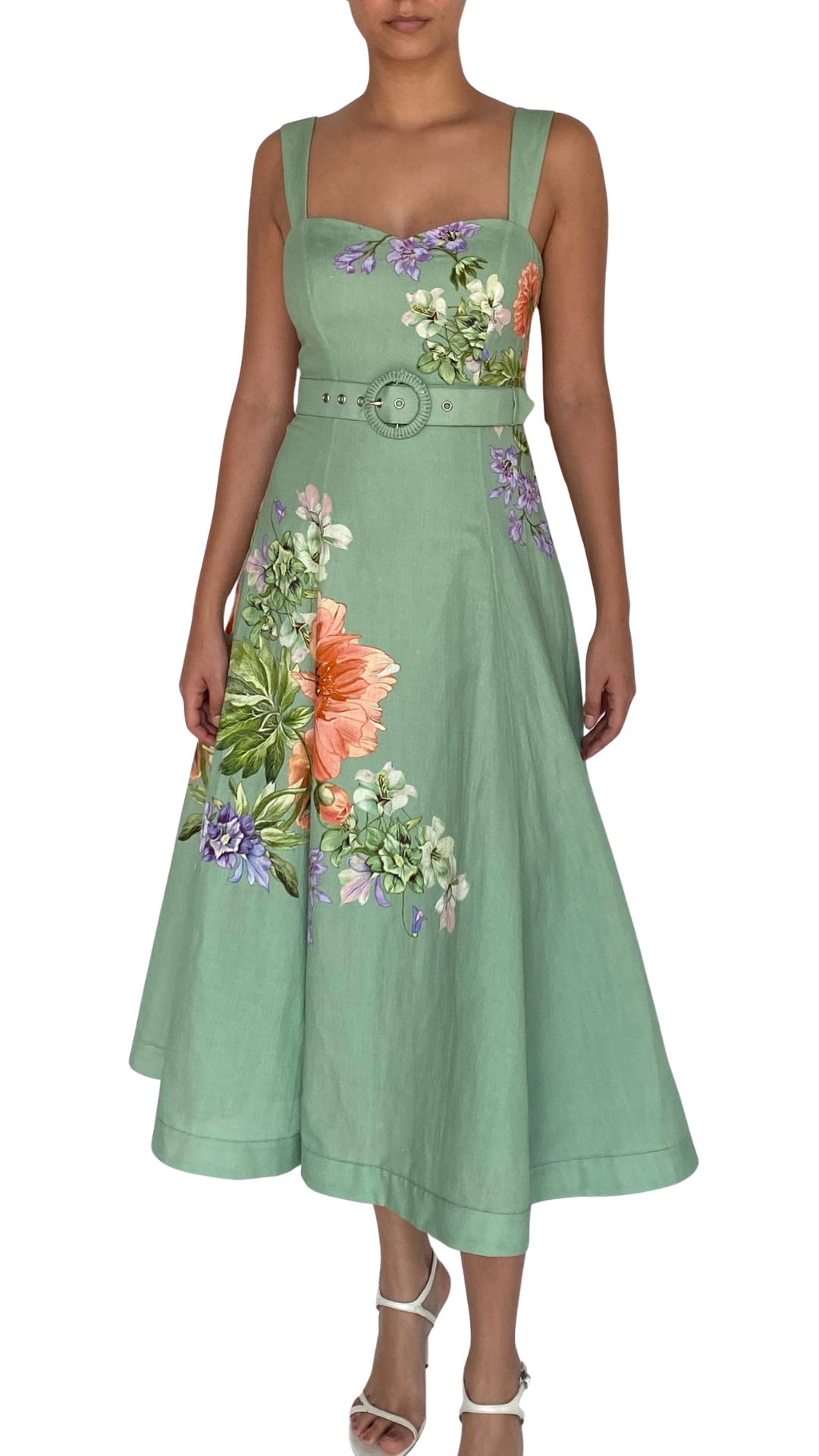 Midi Dress with Buckle Belt Green