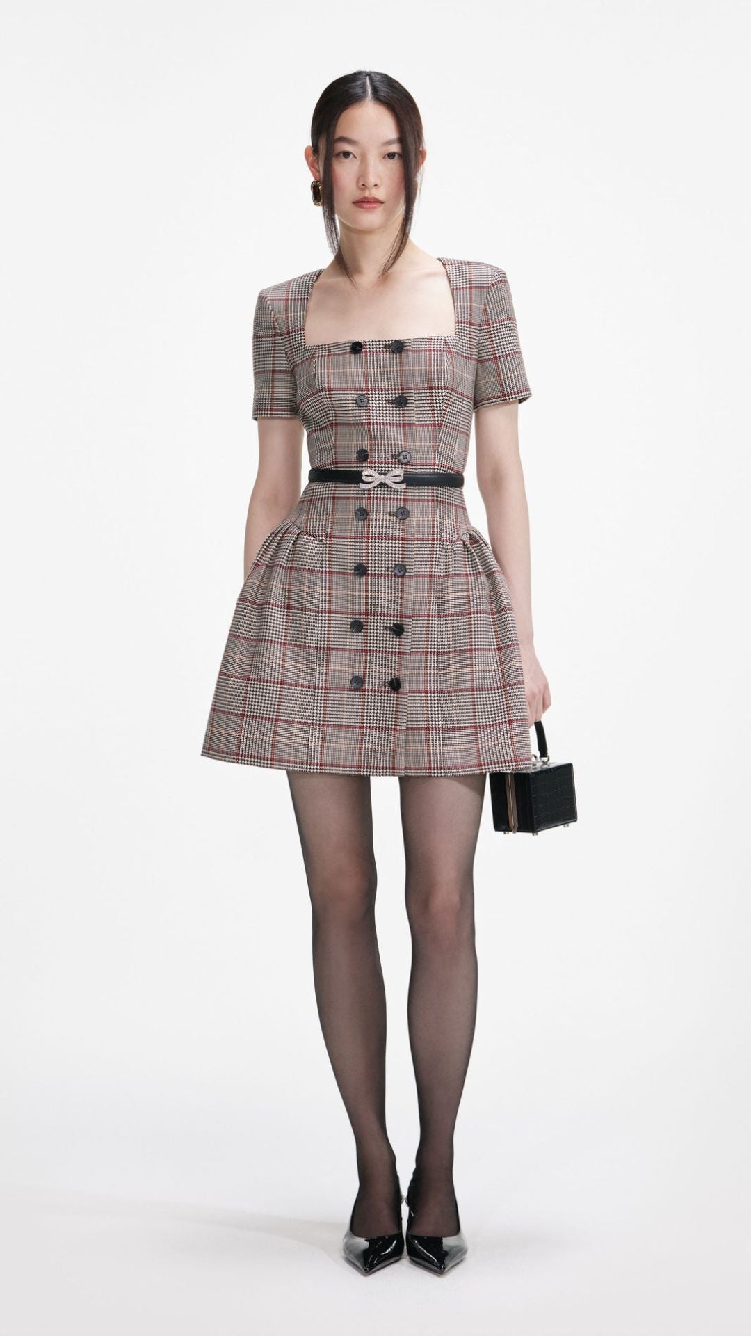 BROWN CHECK SHORT SLEEVE MINI DRESS - Self-Portrait