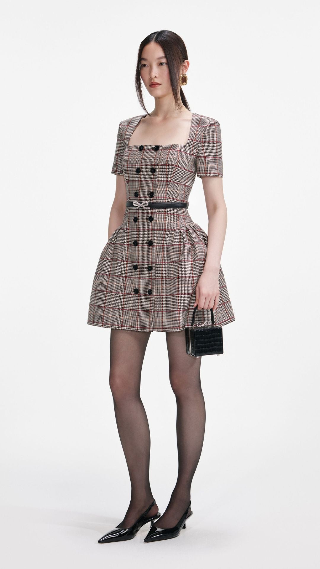 BROWN CHECK SHORT SLEEVE MINI DRESS - Self-Portrait
