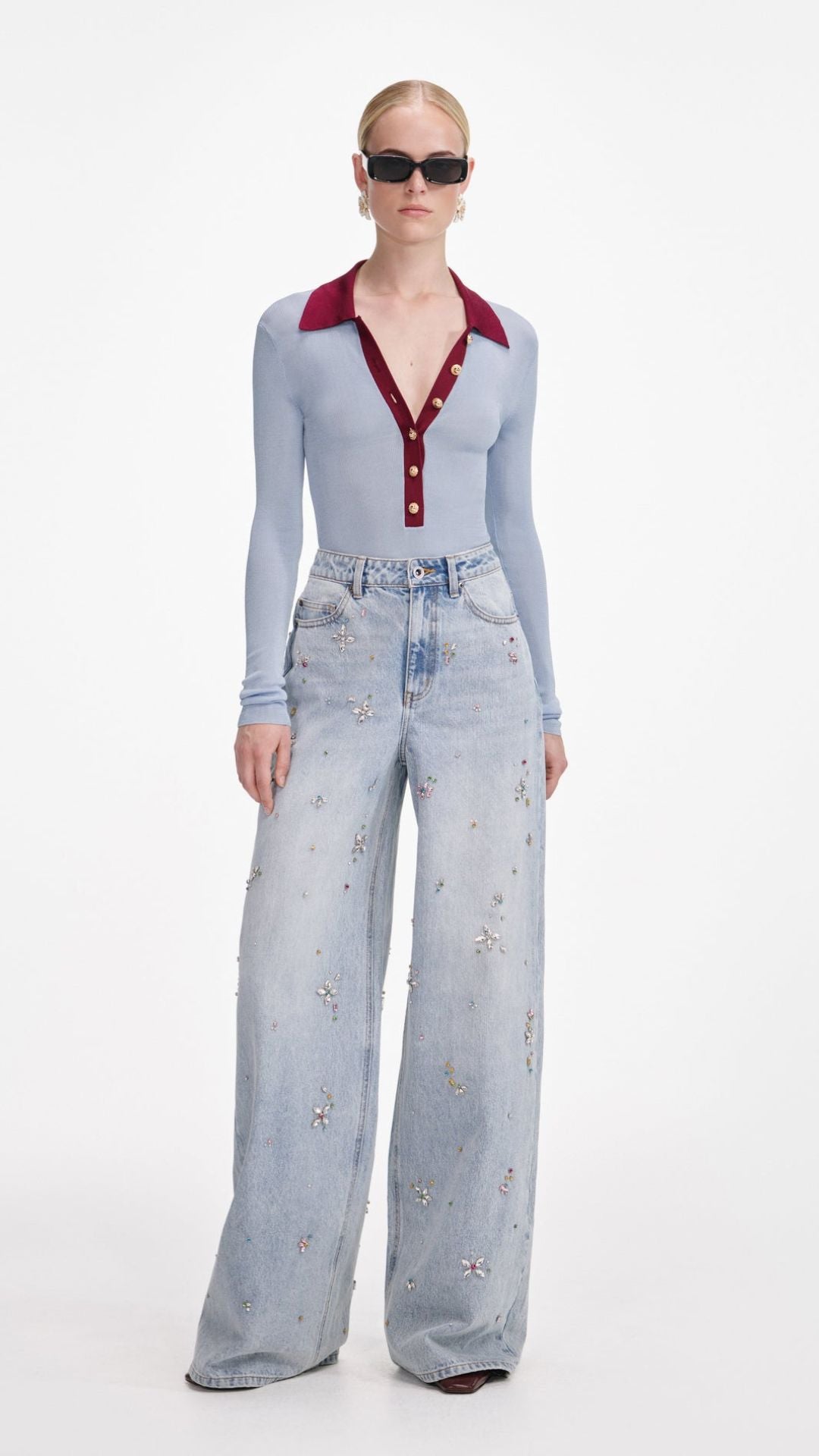 BLUE VISCOSE KNIT BODYSUIT - Self-Portrait