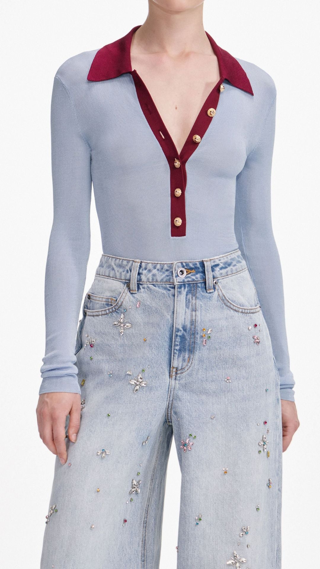 BLUE VISCOSE KNIT BODYSUIT - Self-Portrait