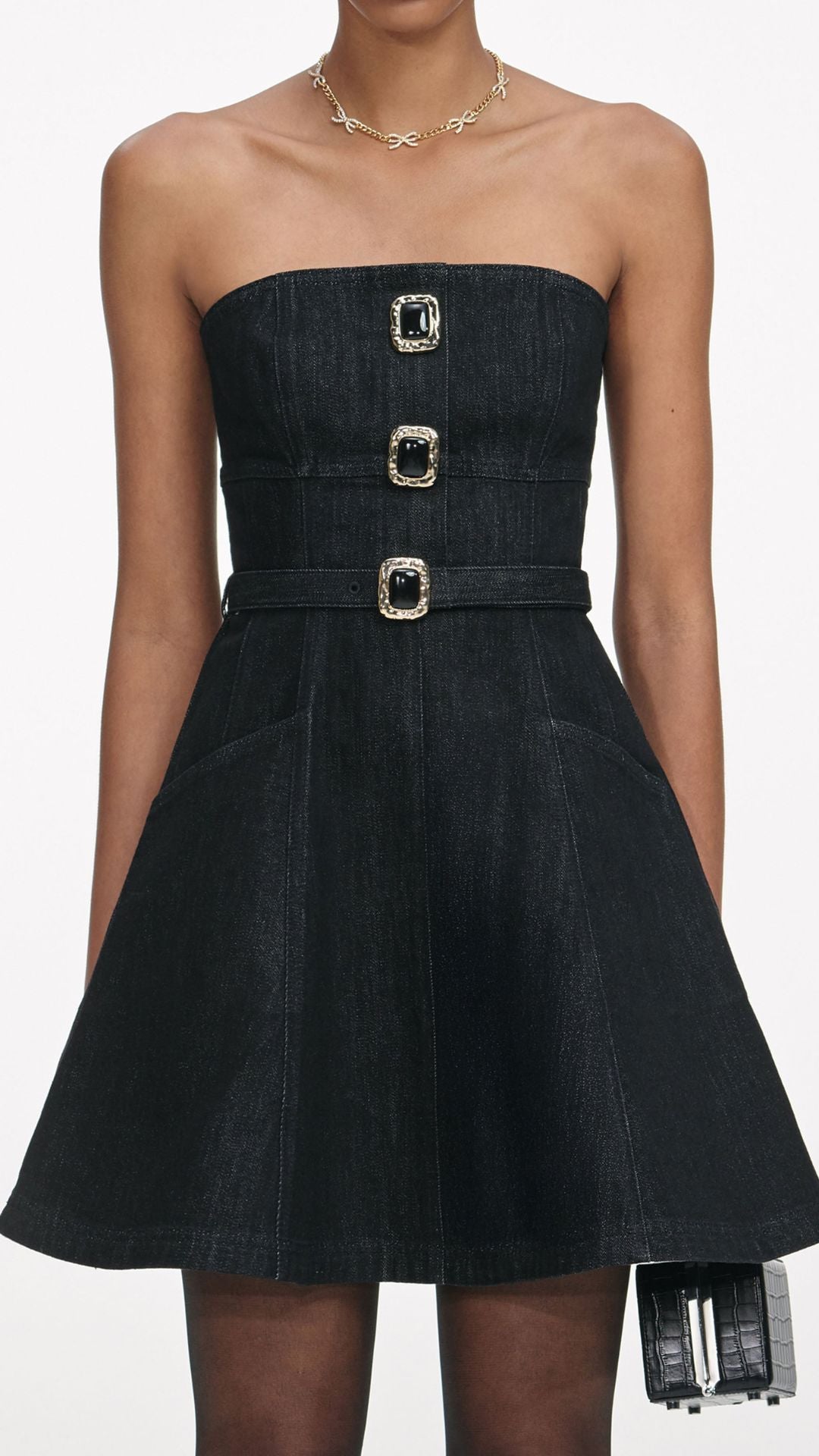 BLACK DENIM BANDEAU MINI DRESS - Self-Portrait