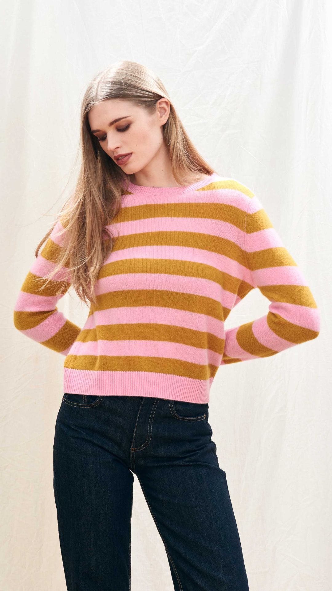Cashmere Stripe Crew in Candy and Mustard - Jumper 1234
