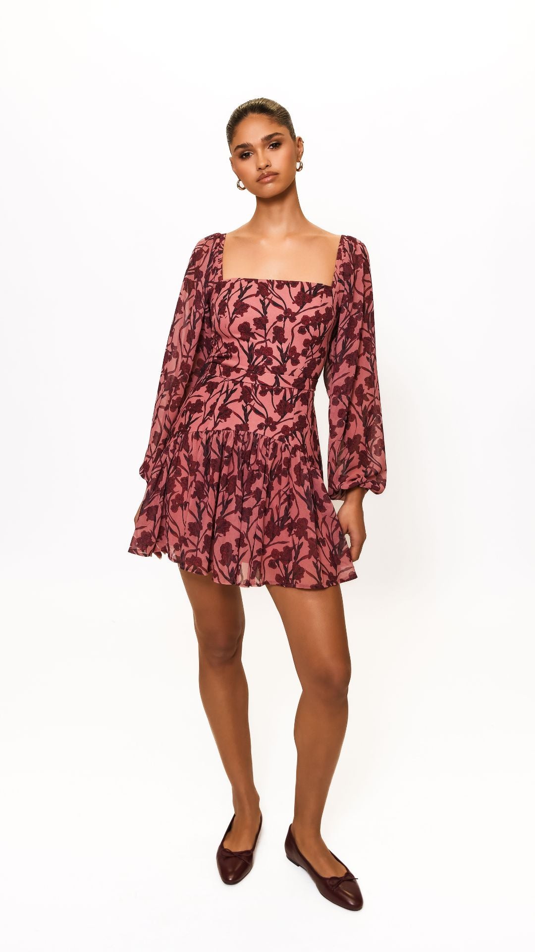 Dahlia L/S Square-Neck Mini Dress - Hutch